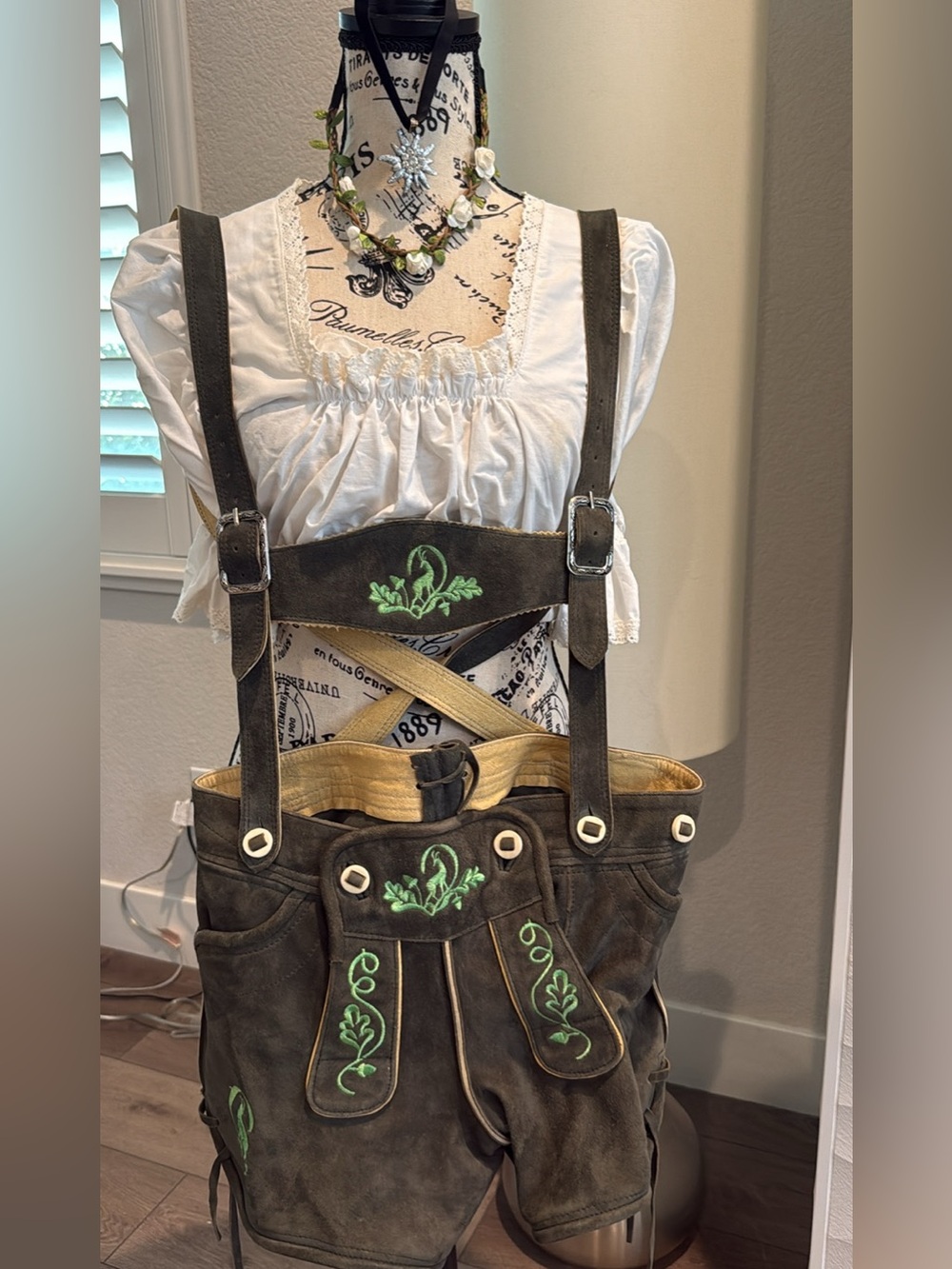 Authentic Suede Lederhosen with Green Embroidery from Munich w/ accessories.